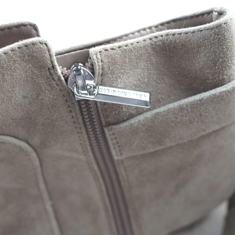 Karl Lagerfeld Paris Cosette Ankle Boots Women 6 Suede Buckle Block Heel Taupe